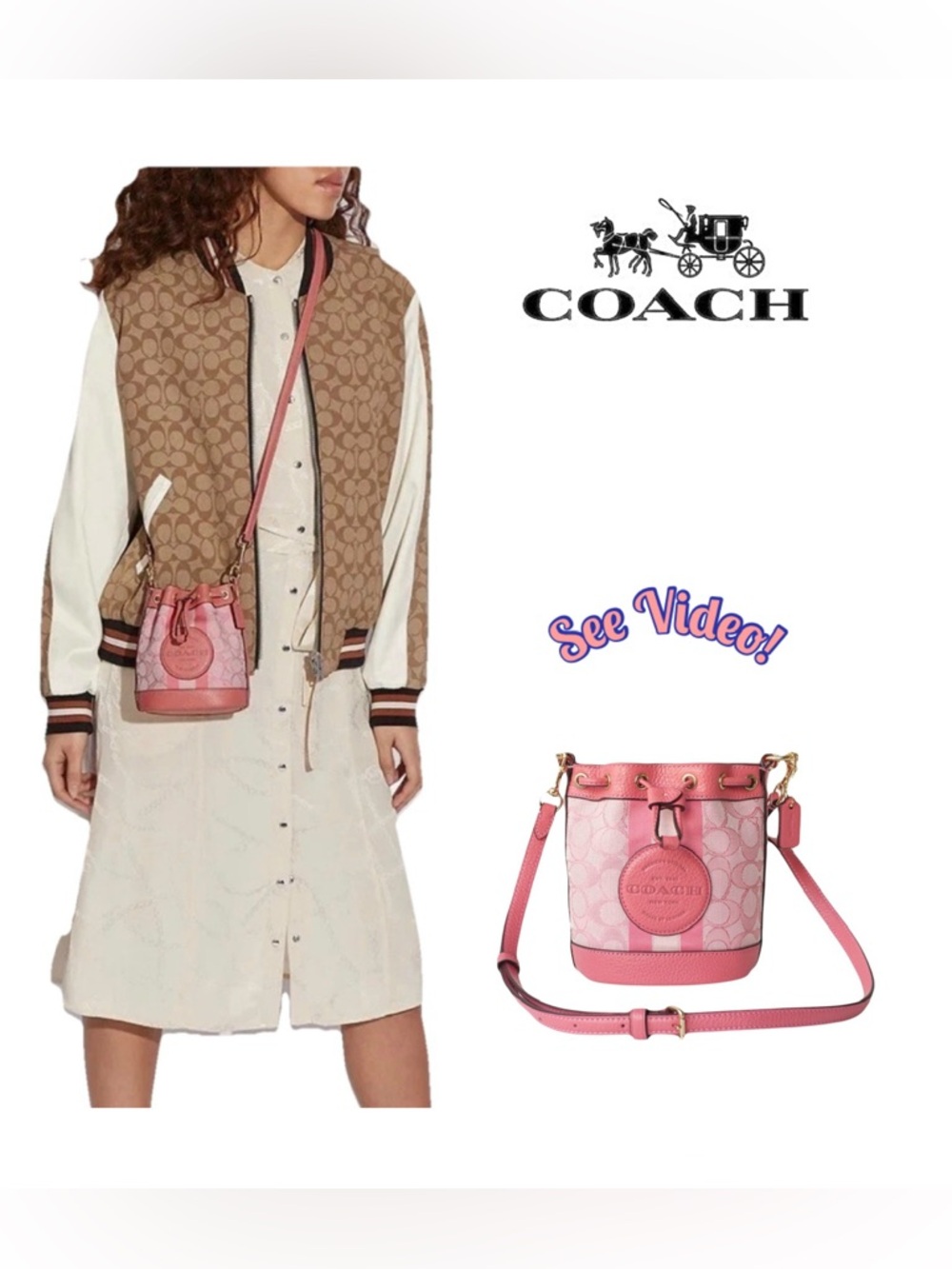 🌸 Coach Mini Dempsey Sig Jacquard Stripe Logo Patch Bucket Bag +COA MSRP $375 🌸